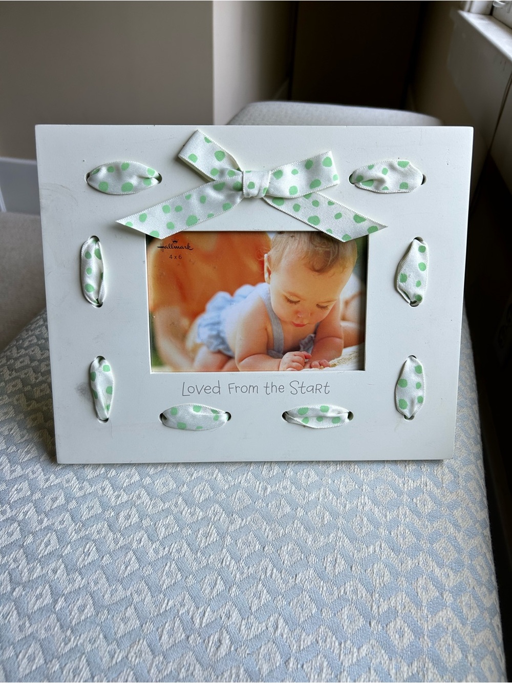 White Baby 4x6 Picture Frame with Green Polka Dot Bow. New.